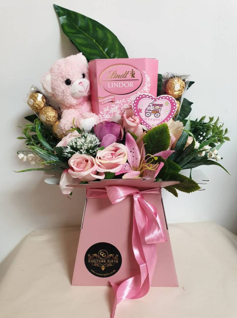 Chocolate Bouquet Baby Girl Pink Strawberries & Cream Lindt Ferrero Silk Flowers Gift Hamper
