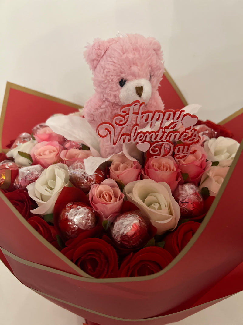 Lindt Lindor Assorted Truffles, Roses With Plush Teddy Bear Hand Tied Bouquet