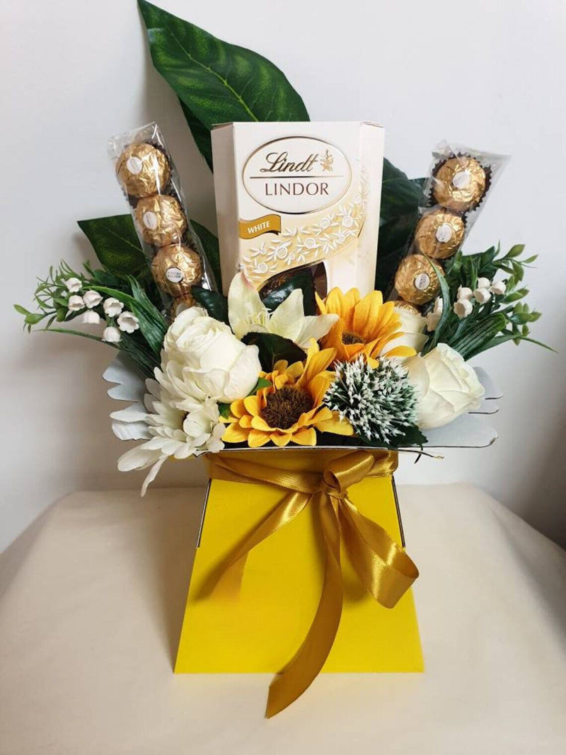 Yellow Sunflowers White Lindt & Ferrero Rocher Silk Chocolate Bouquet