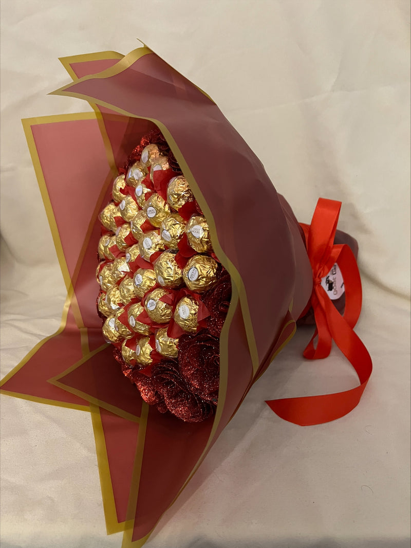 Beautiful Red Ferrero Rocher With Glitter Roses Hand-Tied Bouquet