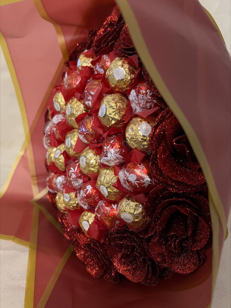 Beautiful Red Ferrero Rocher & Lindt Lindor With Glitter Roses Hand-Tied Bouquet