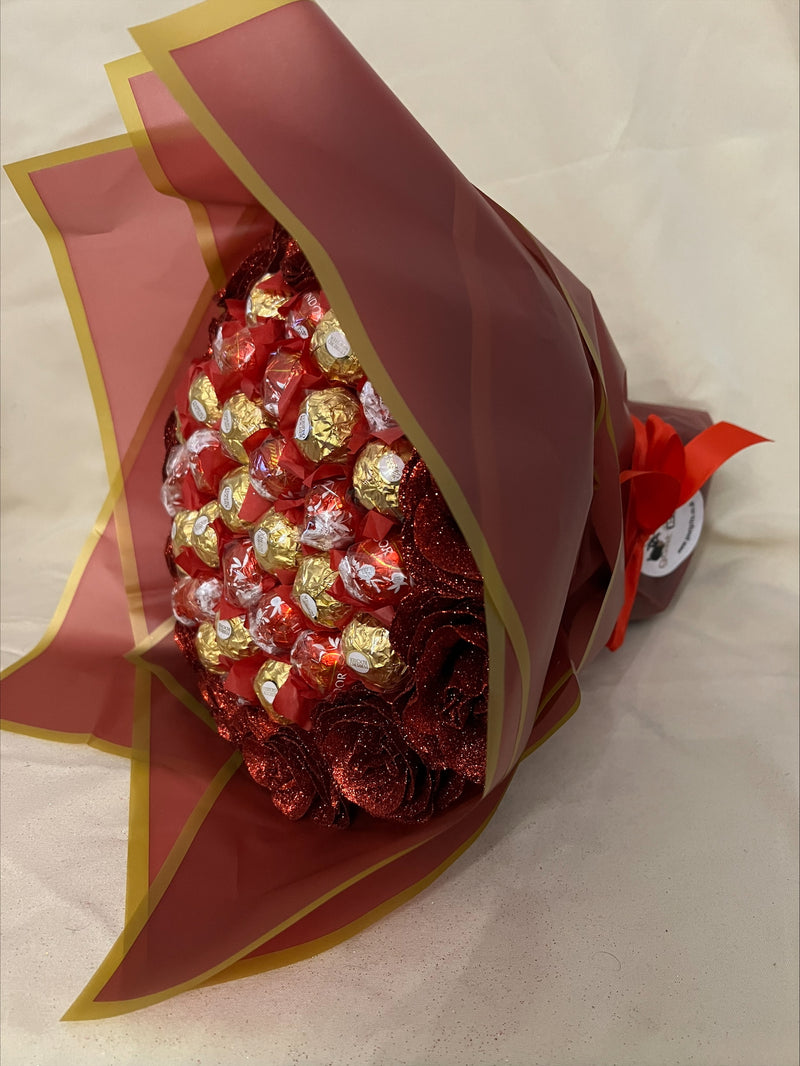 Beautiful Red Ferrero Rocher & Lindt Lindor With Glitter Roses Hand-Tied Bouquet