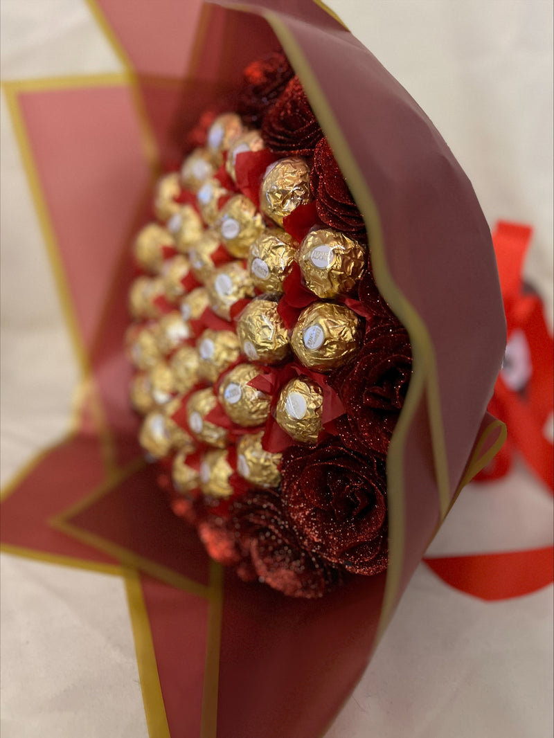 Beautiful Red Ferrero Rocher With Glitter Roses Hand-Tied Bouquet