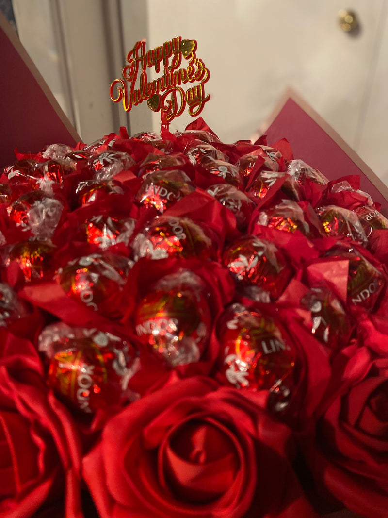 Valentines Day Lindt Lindor Chocolate & Flowers Hand-Tied Bouquet