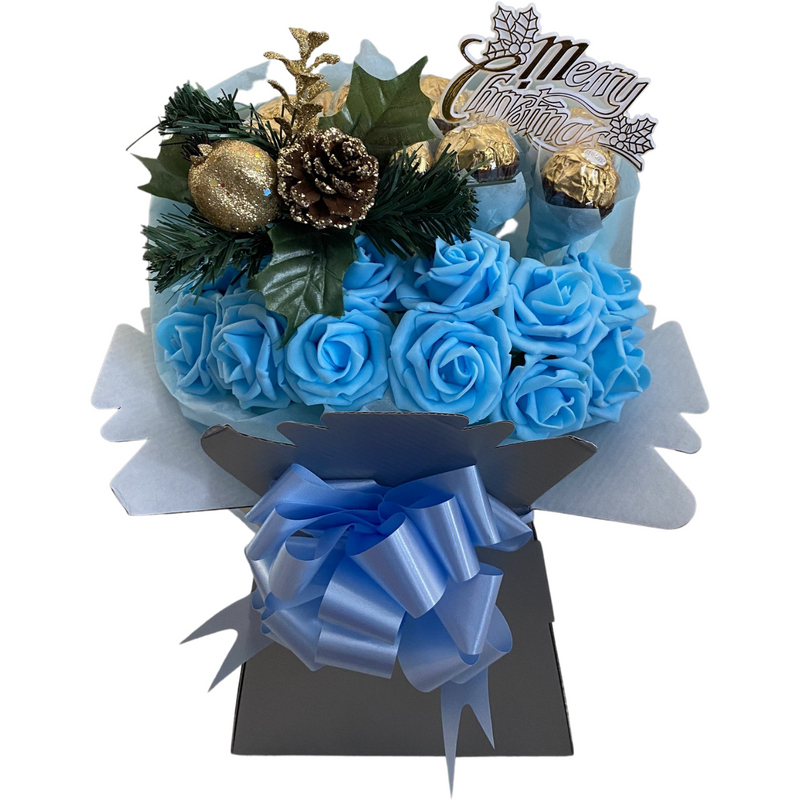 Light Blue Christmas Ferrero Rocher & Roses Bouquet