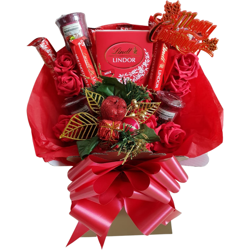 Red Christmas Lindt Lindor & Yankee Candle With Roses Bouquet