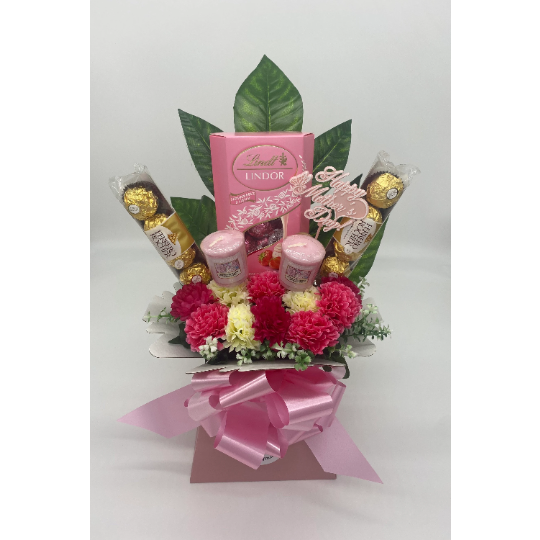 Lindt & Ferrero Rocher Mother’s Day Chocolate Silk Flowers Candle Bouquet Gift