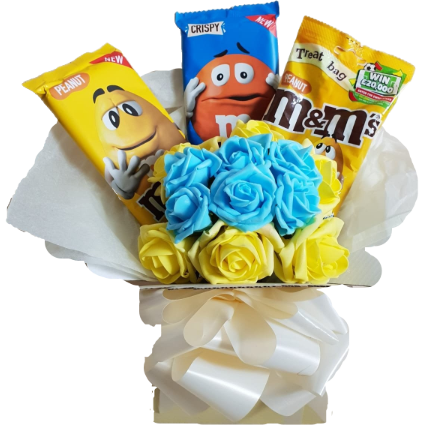 M&Ms Assortment with Roses Explosion Bouquet Gift